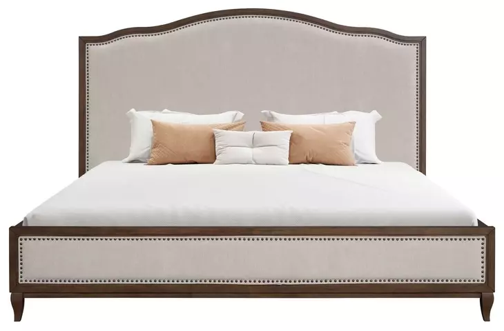 Bellevue Creamy Tan and Whiskey Brown Performance Fabric King Upholstered Platform Bed with Nailhead Trim