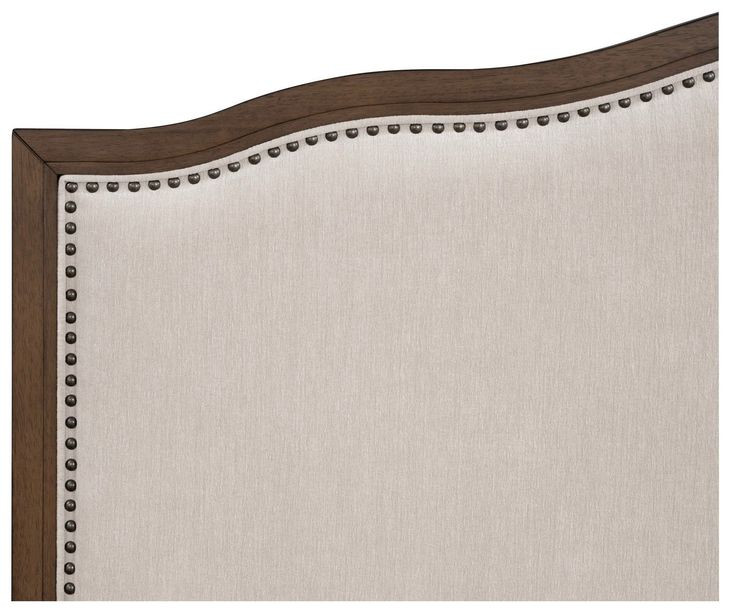 Bellevue Creamy Tan and Whiskey Brown Performance Fabric King Upholstered Platform Bed with Nailhead Trim