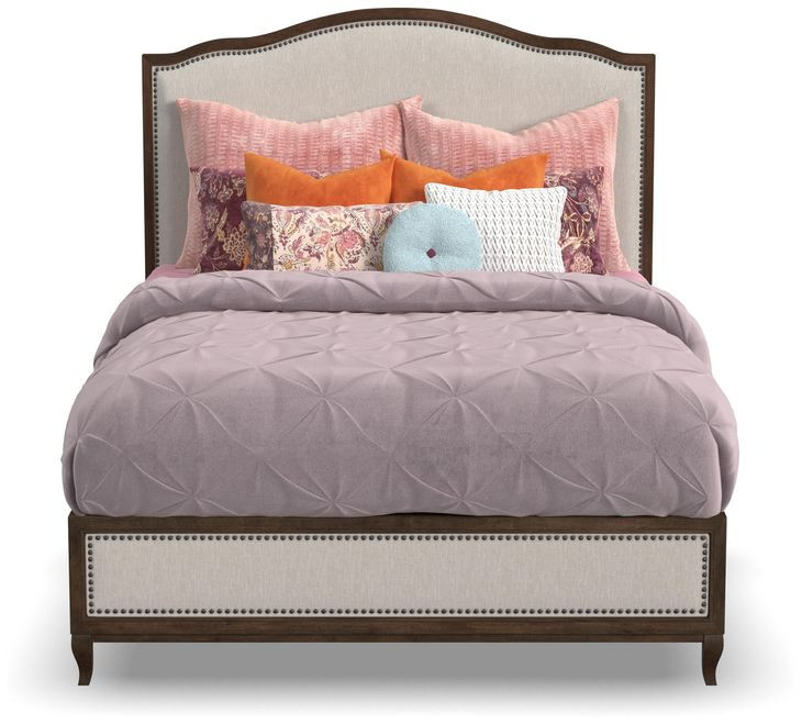 Bellevue Creamy Tan and Whiskey Brown Performance Fabric Queen Upholstered Platform Bed with Nailhead Trim