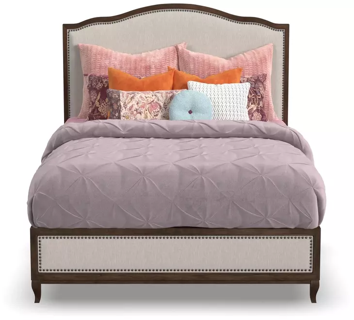 Bellevue Creamy Tan and Whiskey Brown Performance Fabric Queen Upholstered Platform Bed with Nailhead Trim
