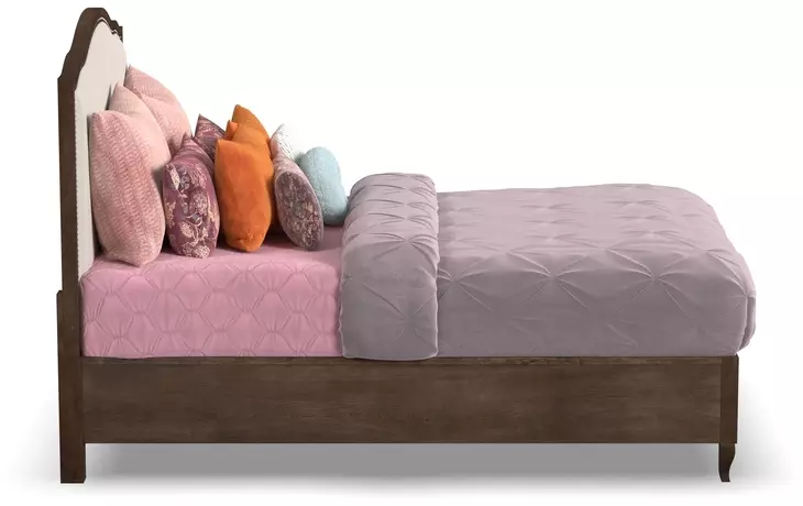 Bellevue Creamy Tan and Whiskey Brown Performance Fabric Queen Upholstered Platform Bed with Nailhead Trim