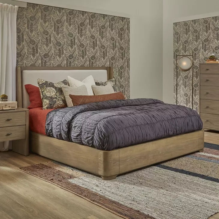 Normandy Cream and Driftwood Performance Fabric King Upholstered Panel Bed