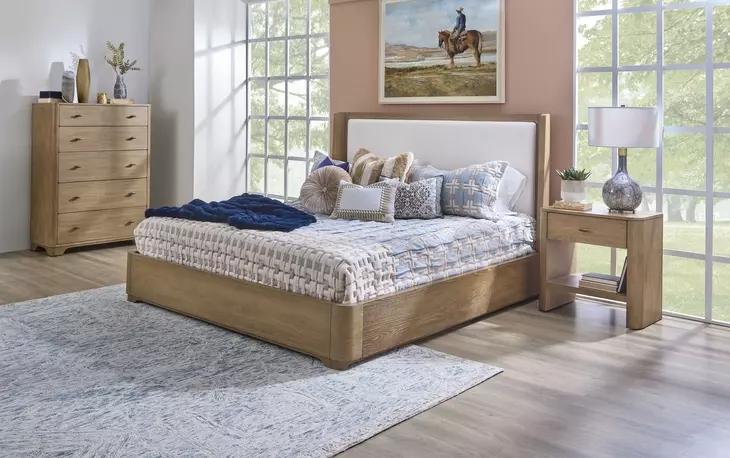 Normandy Cream and Driftwood Performance Fabric King Upholstered Panel Bed