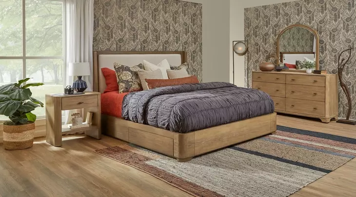 Normandy Cream and Driftwood Performance Fabric King Upholstered Storage Panel Bed