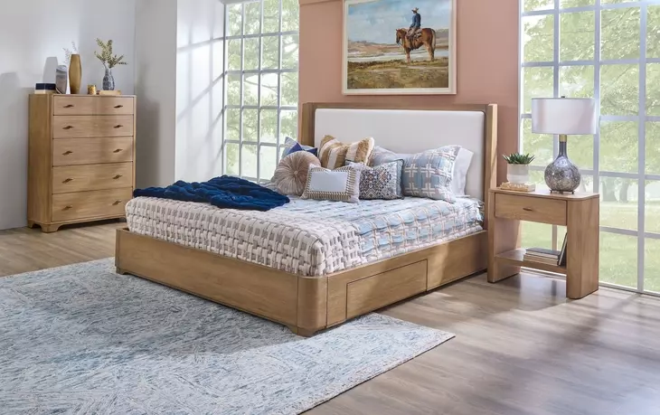 Normandy Cream and Driftwood Performance Fabric King Upholstered Storage Panel Bed