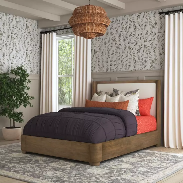 Normandy Cream and Driftwood Performance Fabric Queen Upholstered Panel Bed