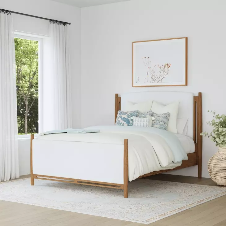 Verona Cream and Medium Brown Performance Fabric Queen Upholstered Panel Bed