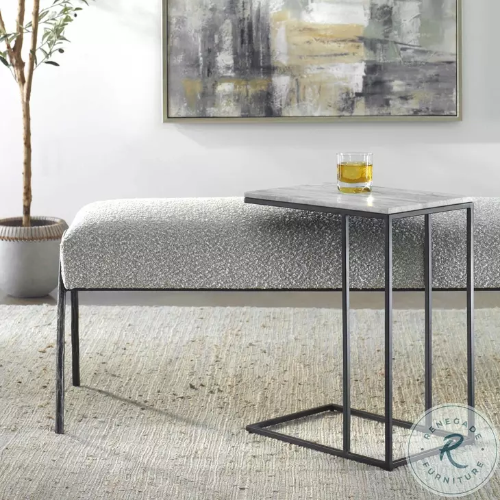 W23026 White And Black Morwad Honed Marble Top Accent Table