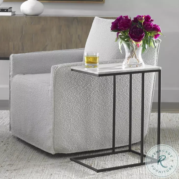 W23026 White And Black Morwad Honed Marble Top Accent Table