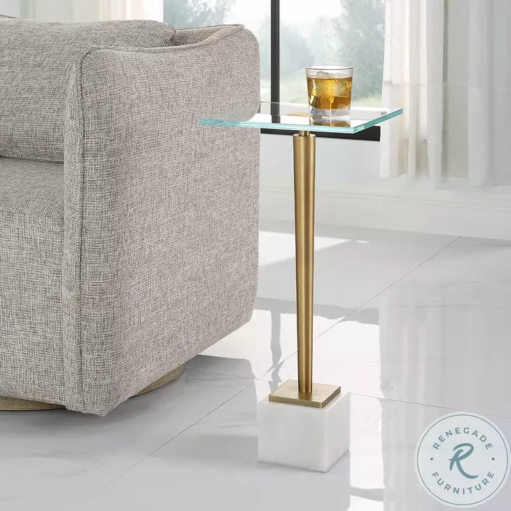 W-23029 Brass And White Tempered Glass Top Accent Table