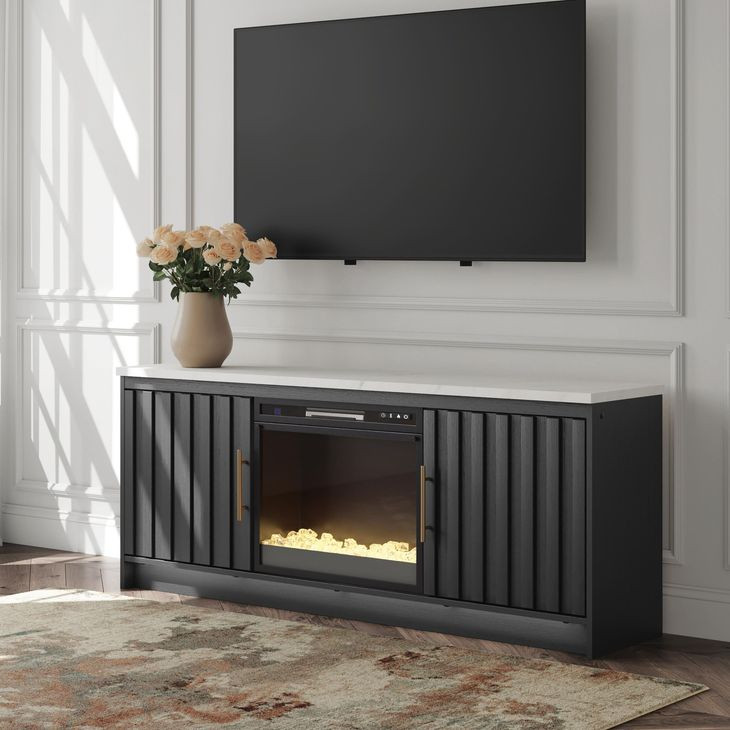 Cadmori Matte Black and White 63" TV Stand with 6 Level Temperature Electric Fireplace