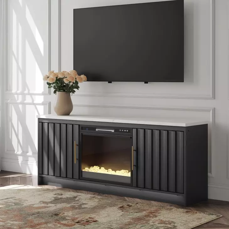 Cadmori Matte Black and White 63" TV Stand with 6 Level Temperature Electric Fireplace