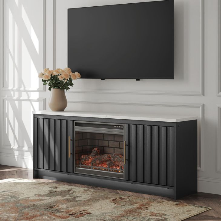 Cadmori Matte Black and White 63" TV Stand with 7 Level Temperature Electric Fireplace