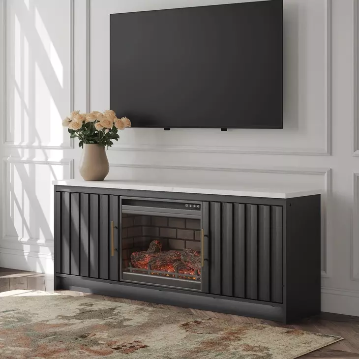 Cadmori Matte Black and White 63" TV Stand with 7 Level Temperature Electric Fireplace