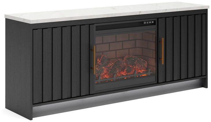 Cadmori Matte Black and White 63" TV Stand with 7 Level Temperature Electric Fireplace