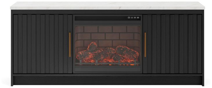 Cadmori Matte Black and White 63" TV Stand with 7 Level Temperature Electric Fireplace