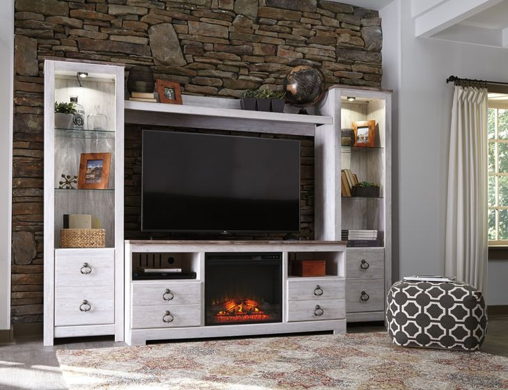 Willowton Whitewash and Brown 63" TV Stand with Electric Fireplace