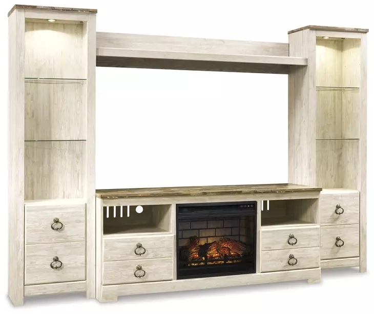 Willowton Whitewash 4 Piece Entertainment Center with Electric Fireplace and LED