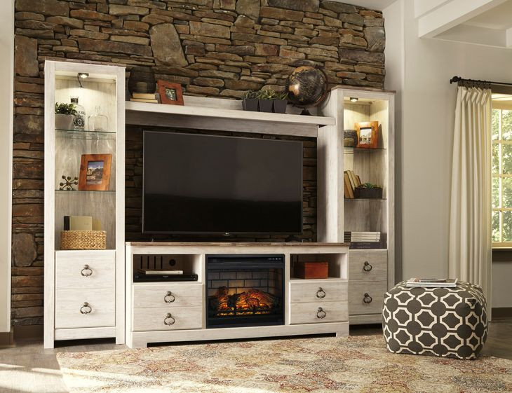Willowton Whitewash 4 Piece Entertainment Center with Electric Fireplace and LED
