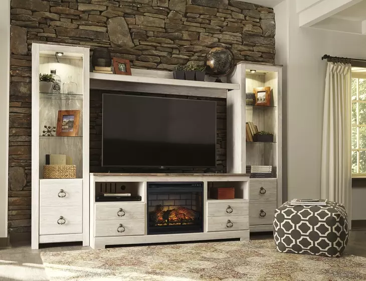 Willowton Whitewash 4 Piece Entertainment Center with Electric Fireplace and LED