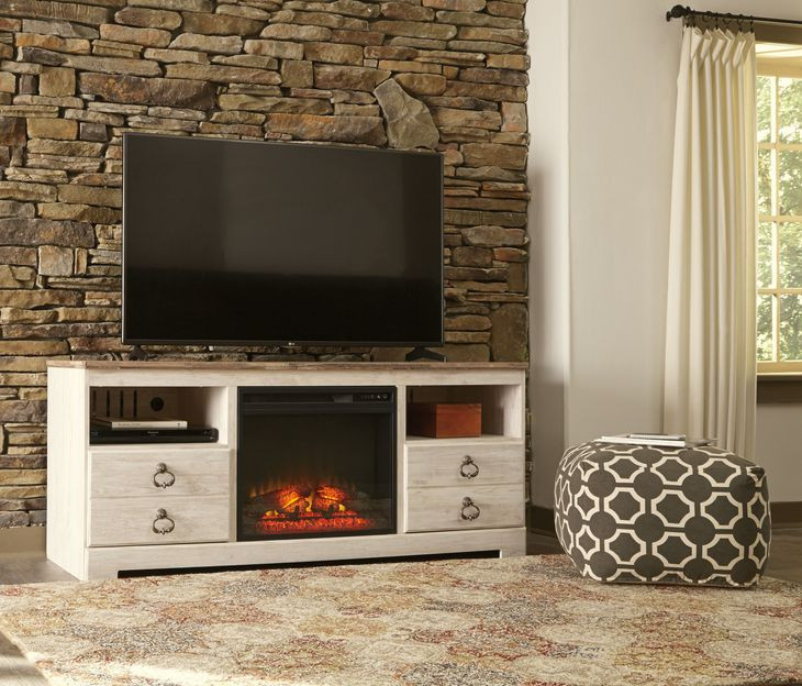 Willowton Whitewash and Brown 63" TV Stand with Electric Fireplace