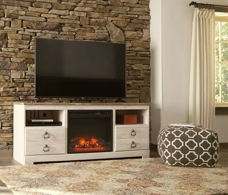Willowton Whitewash and Brown 63" TV Stand with Electric Fireplace