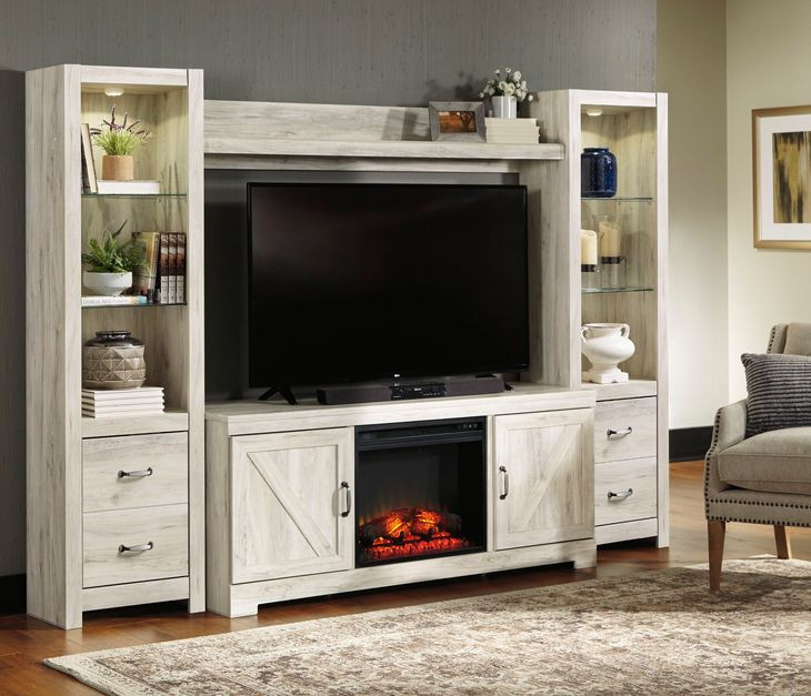 Bellaby Whitewash 4 Piece Entertainment Center with 7 Level Electric Fireplace