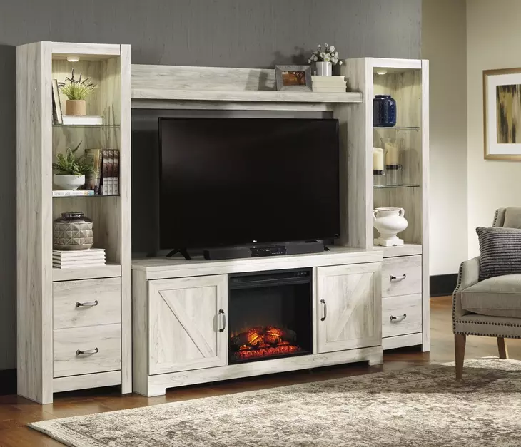 Bellaby Whitewash 4 Piece Entertainment Center with 7 Level Electric Fireplace
