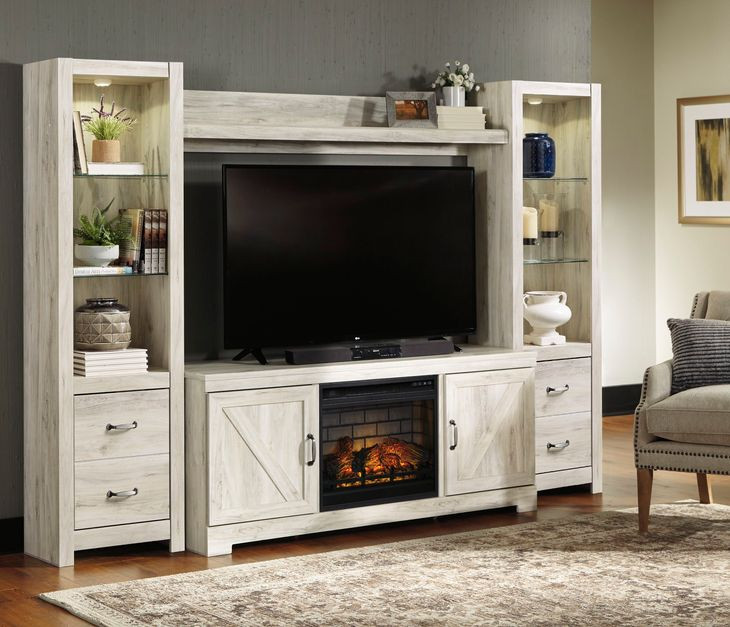 Bellaby Whitewash 4 Piece Entertainment Center with 7 Level Electric Fireplace