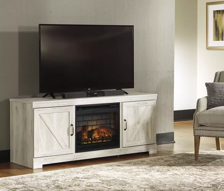 Bellaby Whitewash 63" TV Stand with Electric Fireplace and 2 Doors