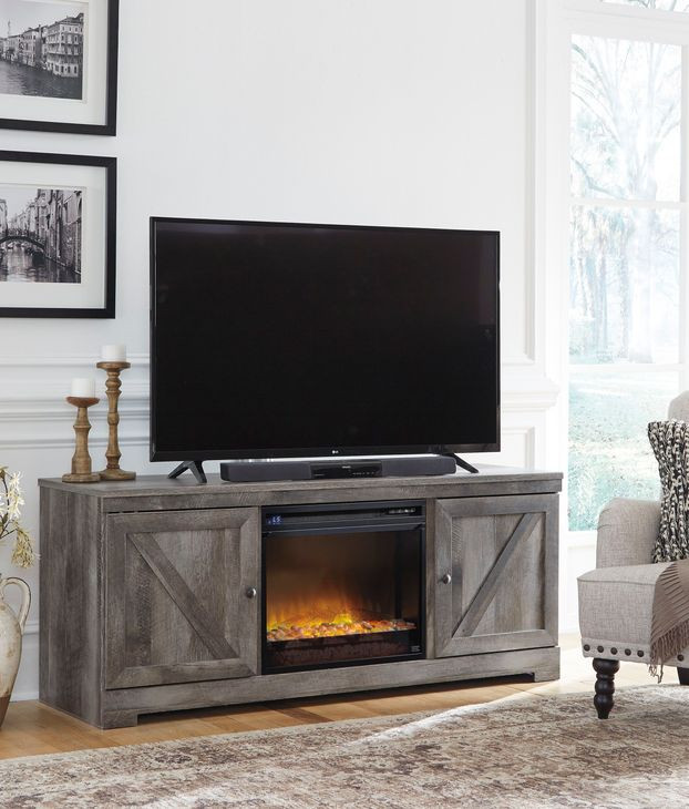 Wynnlow Gray 63" TV Stand with Electric Fireplace and 2 Doors