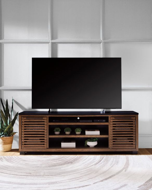 Kallari Warm Brown and Black 84" TV Stand with Electric Fireplace