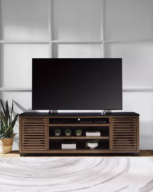 Kallari Warm Brown and Black 84" TV Stand with Electric Fireplace
