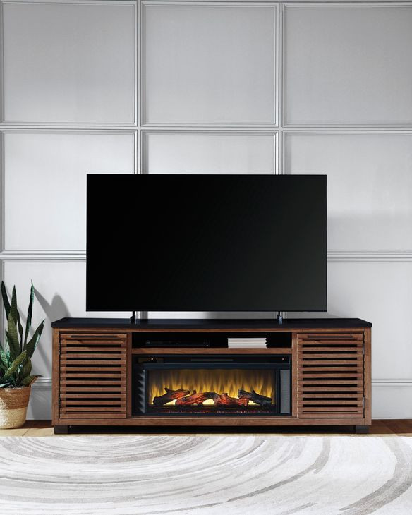 Kallari Warm Brown and Black 84" TV Stand with Electric Fireplace