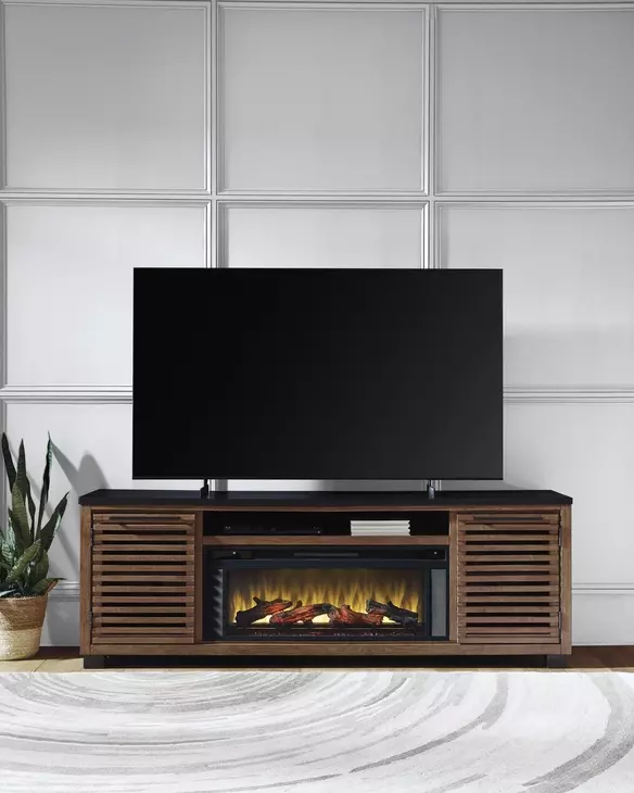 Kallari Warm Brown and Black 84" TV Stand with Electric Fireplace