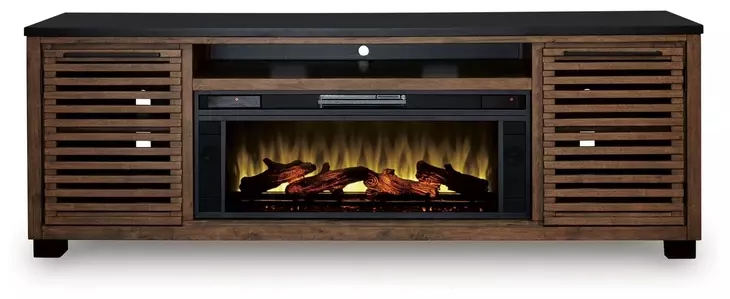 Kallari Warm Brown and Black 84" TV Stand with Electric Fireplace
