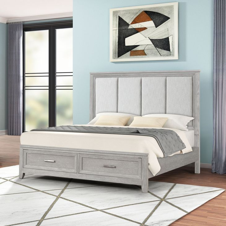 Fiona Mist Gray California King Upholstered Storage Panel Bed