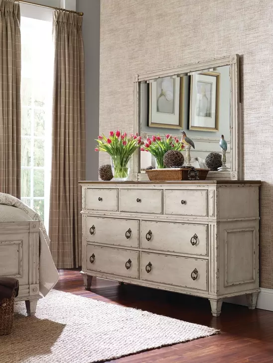 Southbury Parchment and Brown 7 Drawer Dresser with Rectangular Landscape Mirror
