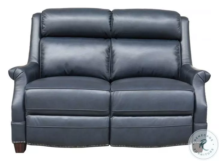 Warrendale Shoreham Blue Leather 60" Power Reclining Loveseat with Nailhead Trim and USB Charging