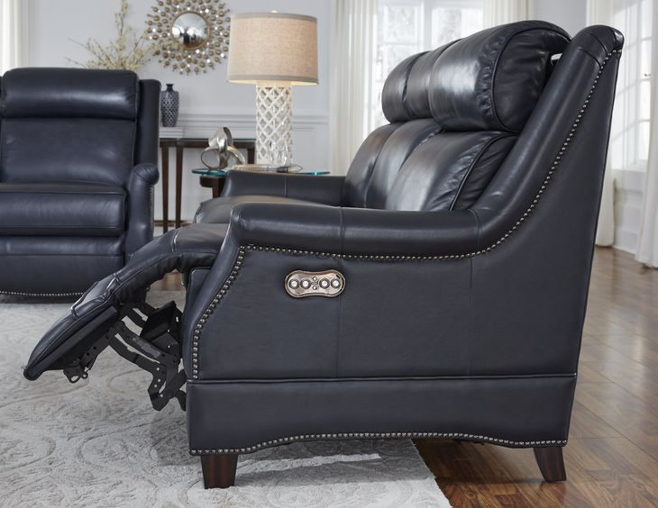 Warrendale Shoreham Blue Leather Power Recliner with Nailhead Trim and USB Charging