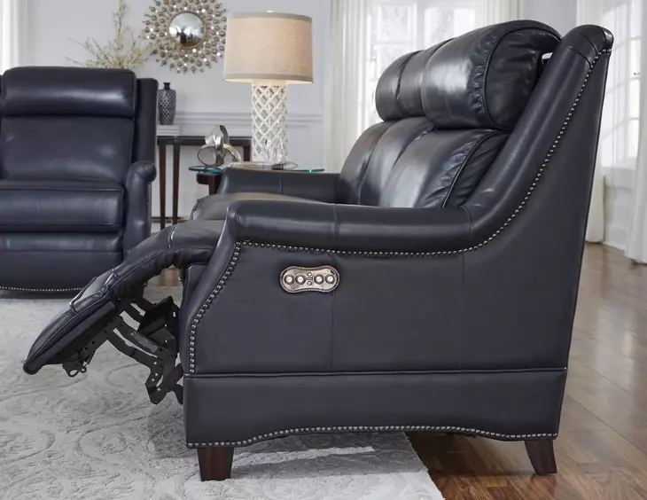 Warrendale Shoreham Blue Leather Power Recliner with Nailhead Trim and USB Charging