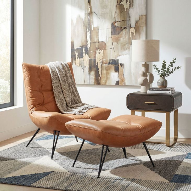 Kayne Brown Leather Upholstered Rectangular Ottoman