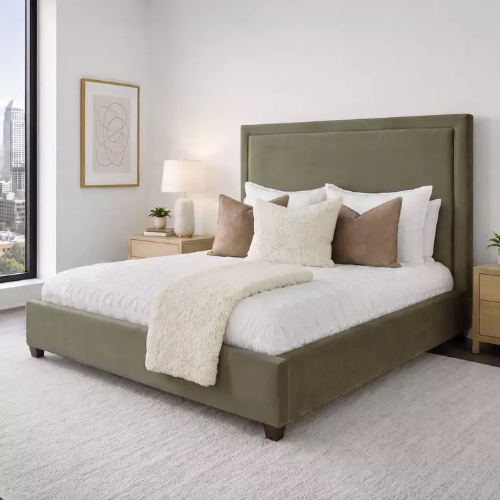 Kimberly Mystical Moss and Dark Brown King Upholstered Panel Bed