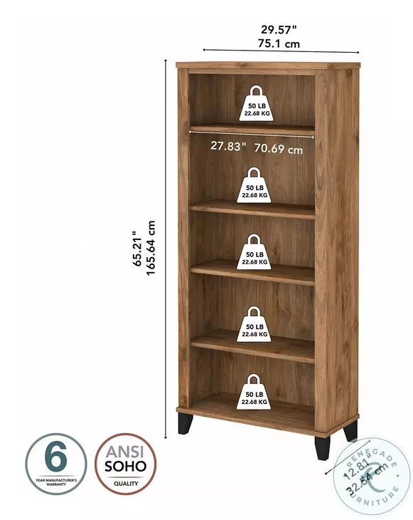 Somerset Fresh Walnut Tall 5 Shelf Bookcase