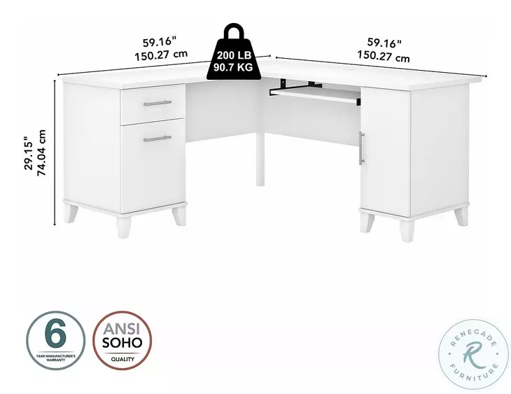 Somerset White 60" L Shaped Desk With Storage
