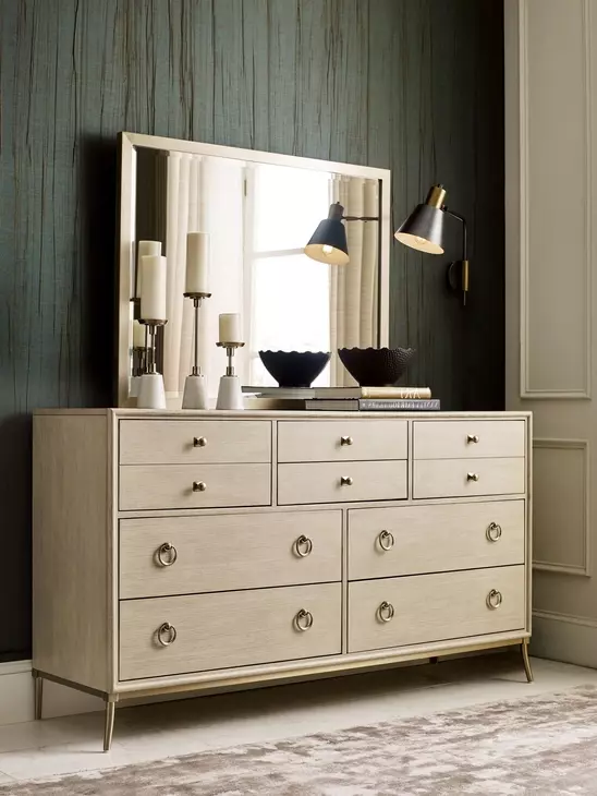 Lenox Alabaster and Gold 8 Drawer Straddella Dresser with Rectangular Anaheim Mirror