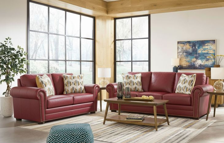 Westfield Cherry Leather Living Room Set with Nailhead Trim