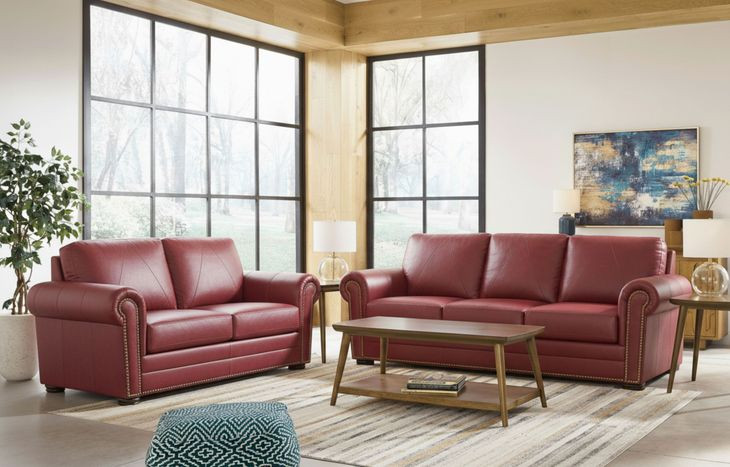 Westfield Cherry Leather Living Room Set with Nailhead Trim