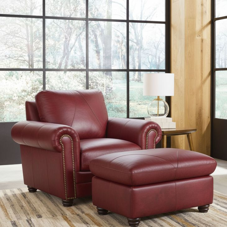 Westfield Cherry Leather Living Room Chair with Nailhead Trim