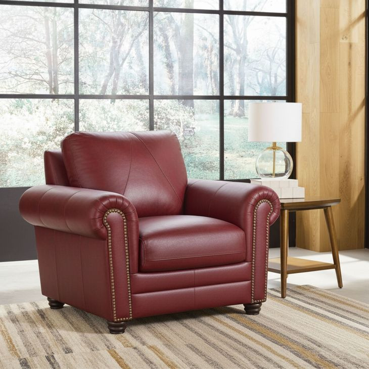 Westfield Cherry Leather Living Room Chair with Nailhead Trim
